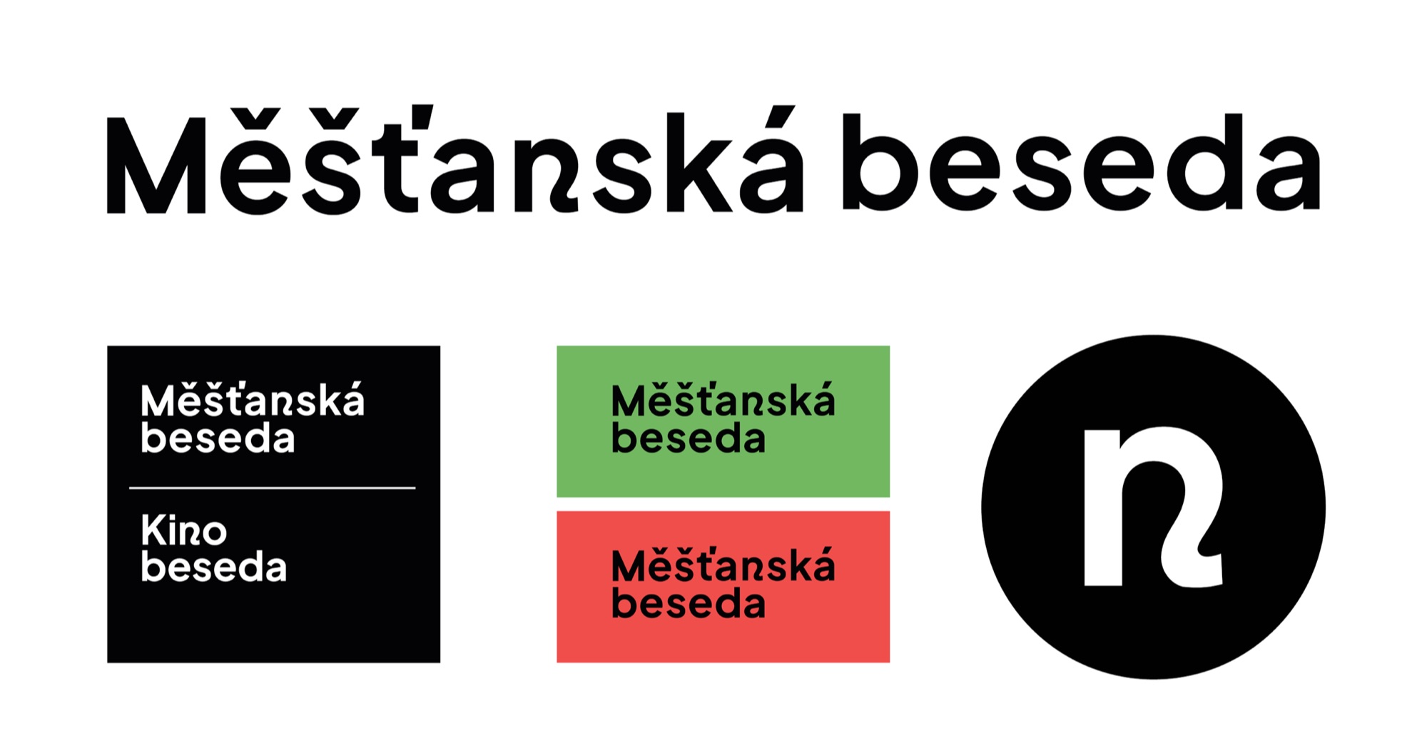 Varianty loga: Měšťanská beseda a Kino beseda, zelená a červená verze a samostatný znak n v kruhu