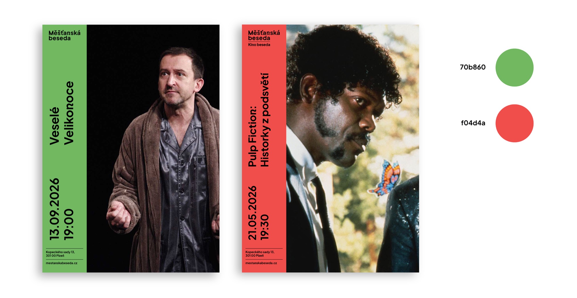 Plakáty Veselé Velikonoce a Pulp Fiction s barevným pruhem a barvy 70b860 a f04d4a