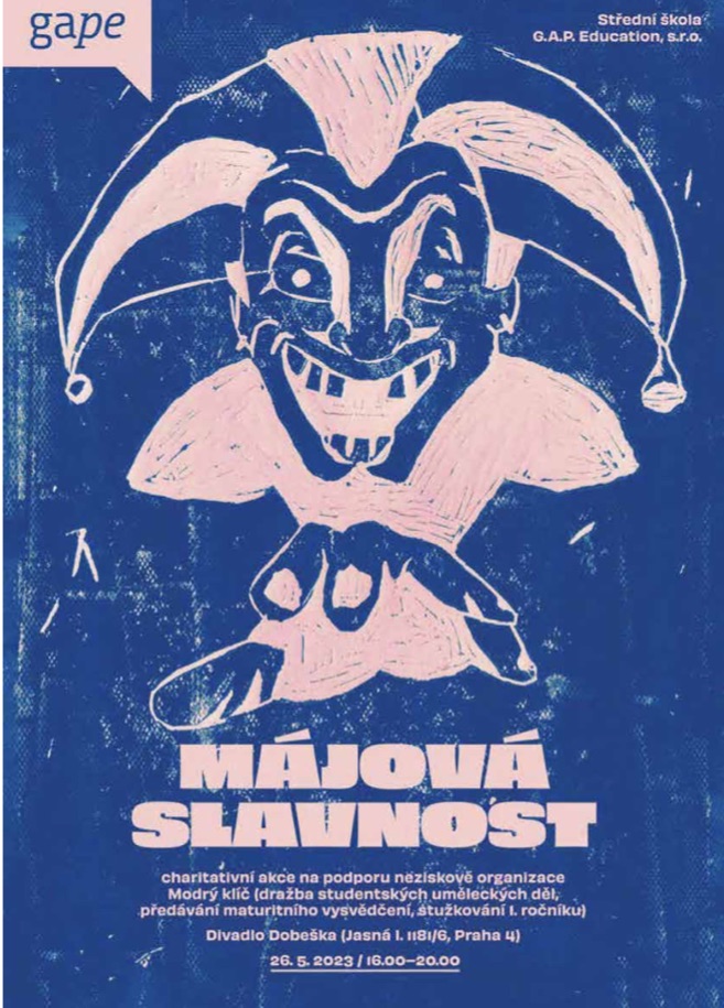 Modrý plakát Májová slavnost se šaškem