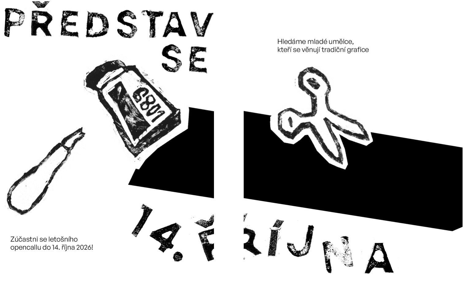 Dvojice postů Představ se 14. října s rydlem, tubou barvy a nůžkami