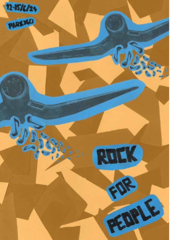 Plakát Rock for People s modrými kytarami na oranžové koláži
