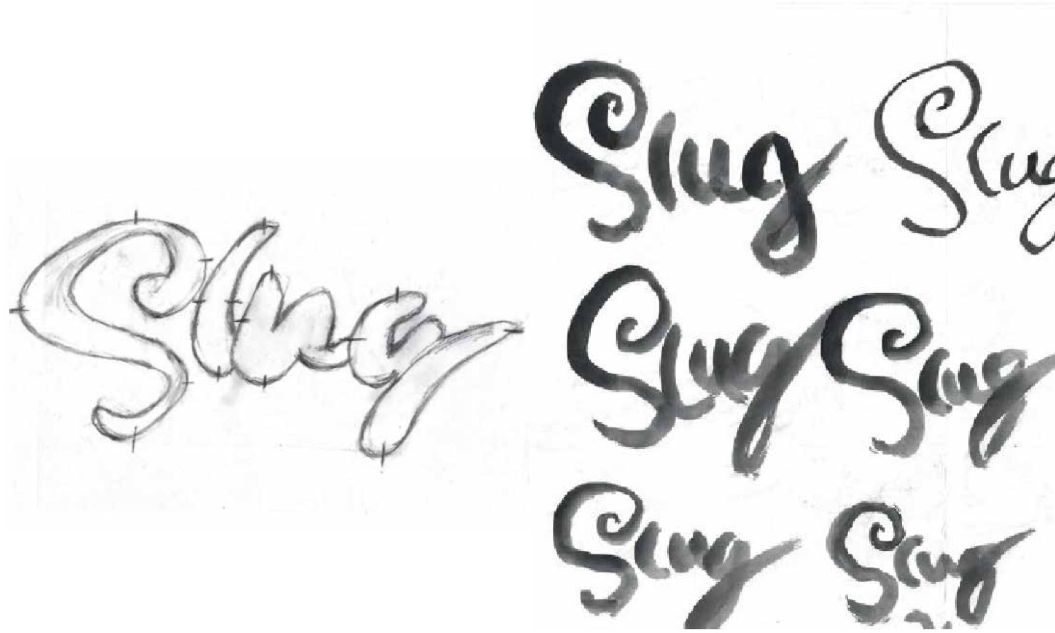 Kaligrafické skici nápisu Slug štětcem a tužkou